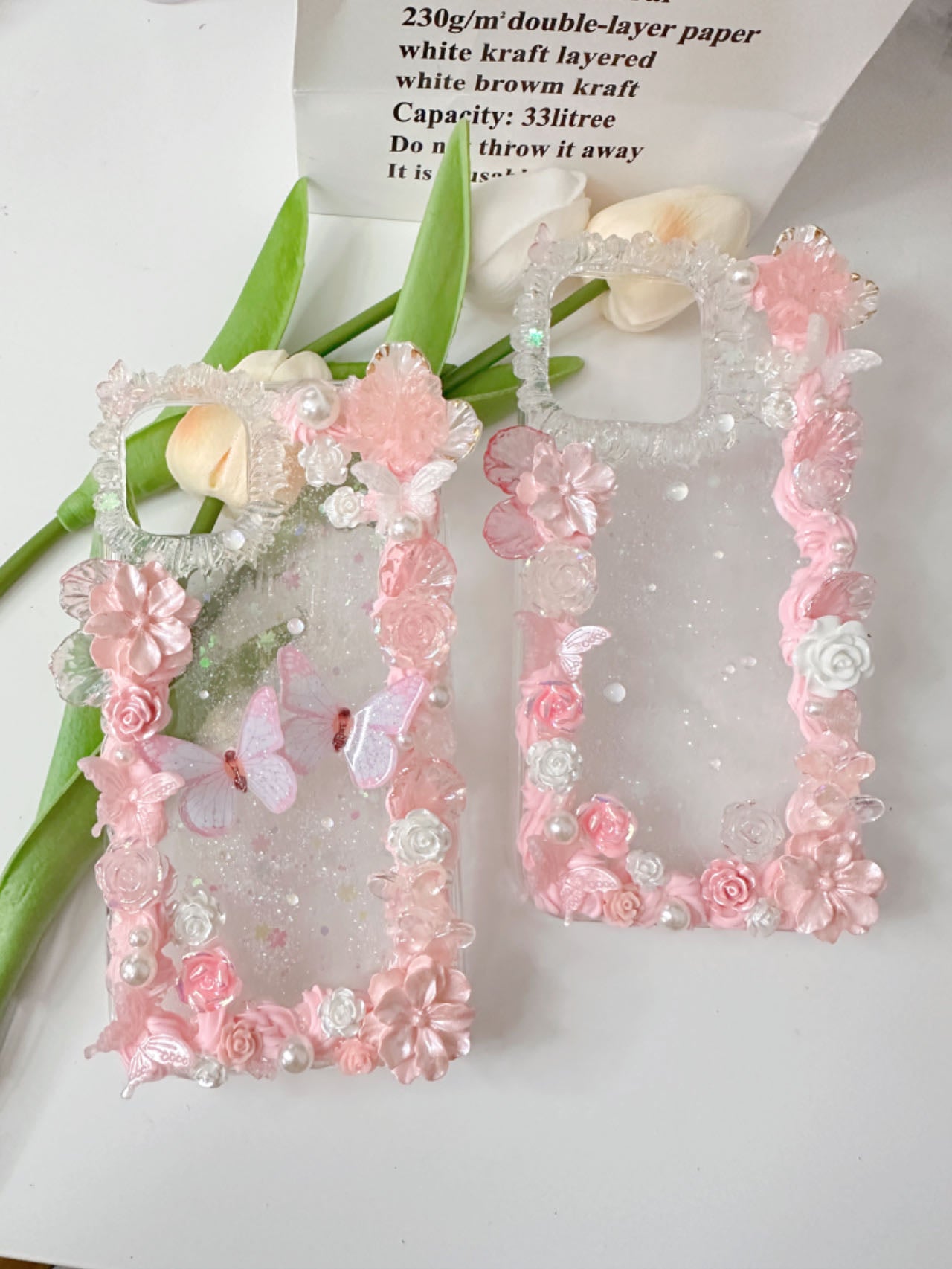 Butterfly Custom Decoden phone case, whipped cream phone case, golden flowers angle case Simple style, flower butterfly