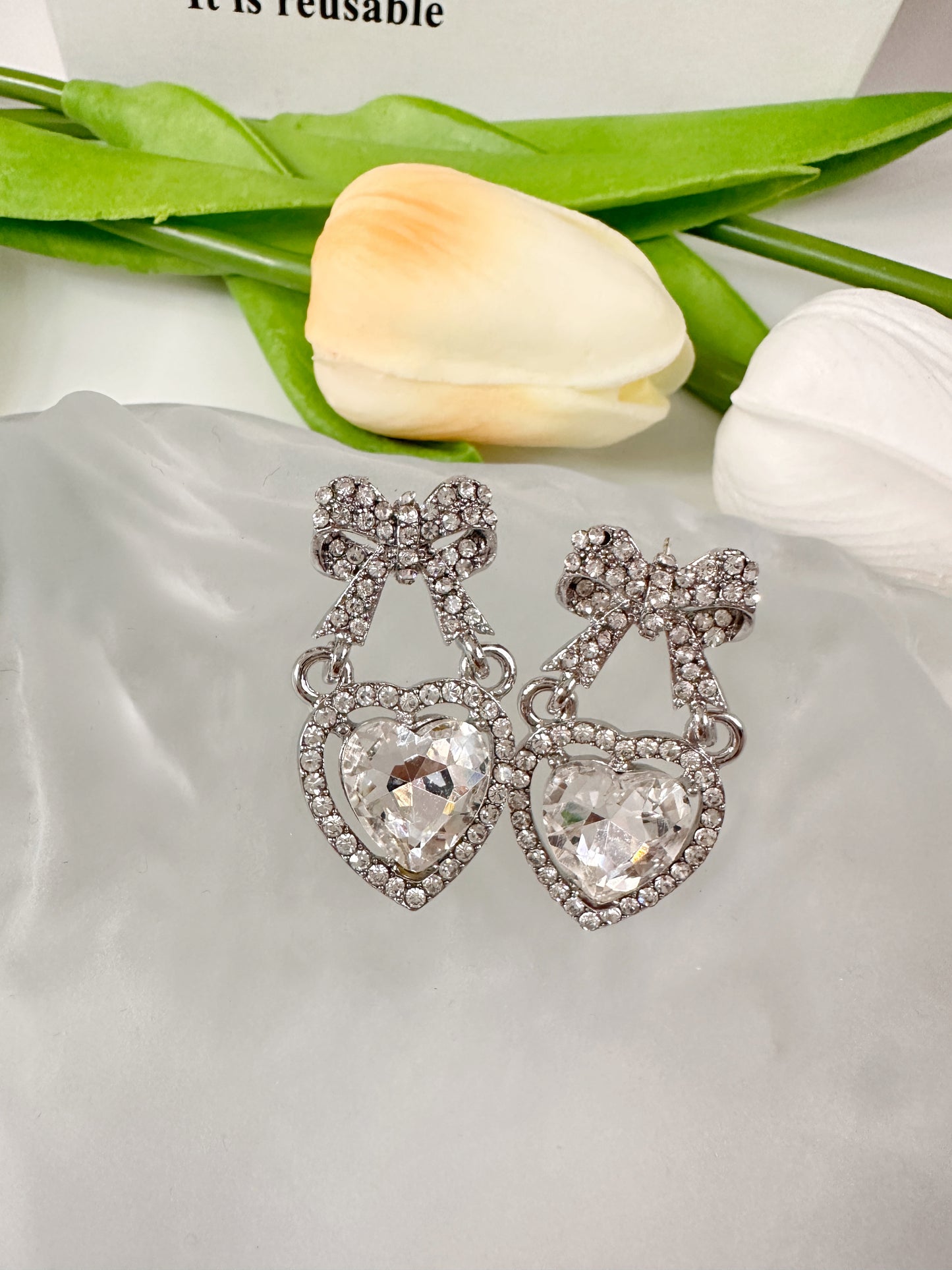 Full diamond bowknot earrings, niche design court style court style heart-shaped earrings