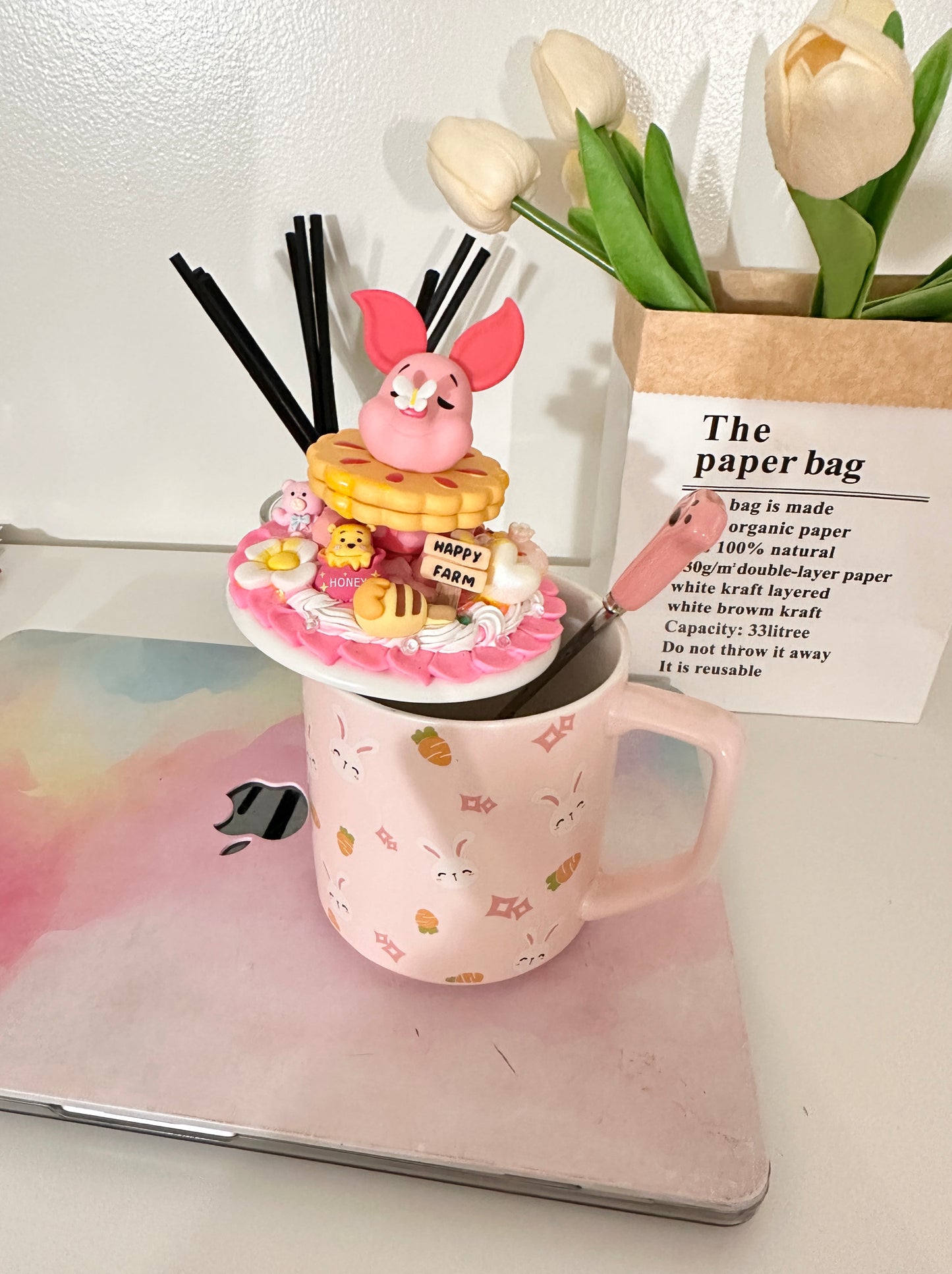 fifishandmade customized handmade Cute Ceramic Cup With Lid And Spoon, Kawaii Cup Novelty Mug, Coffee Cup, Tea Cup, Milk Cup, Mug Gift Pink 450ml/15oz