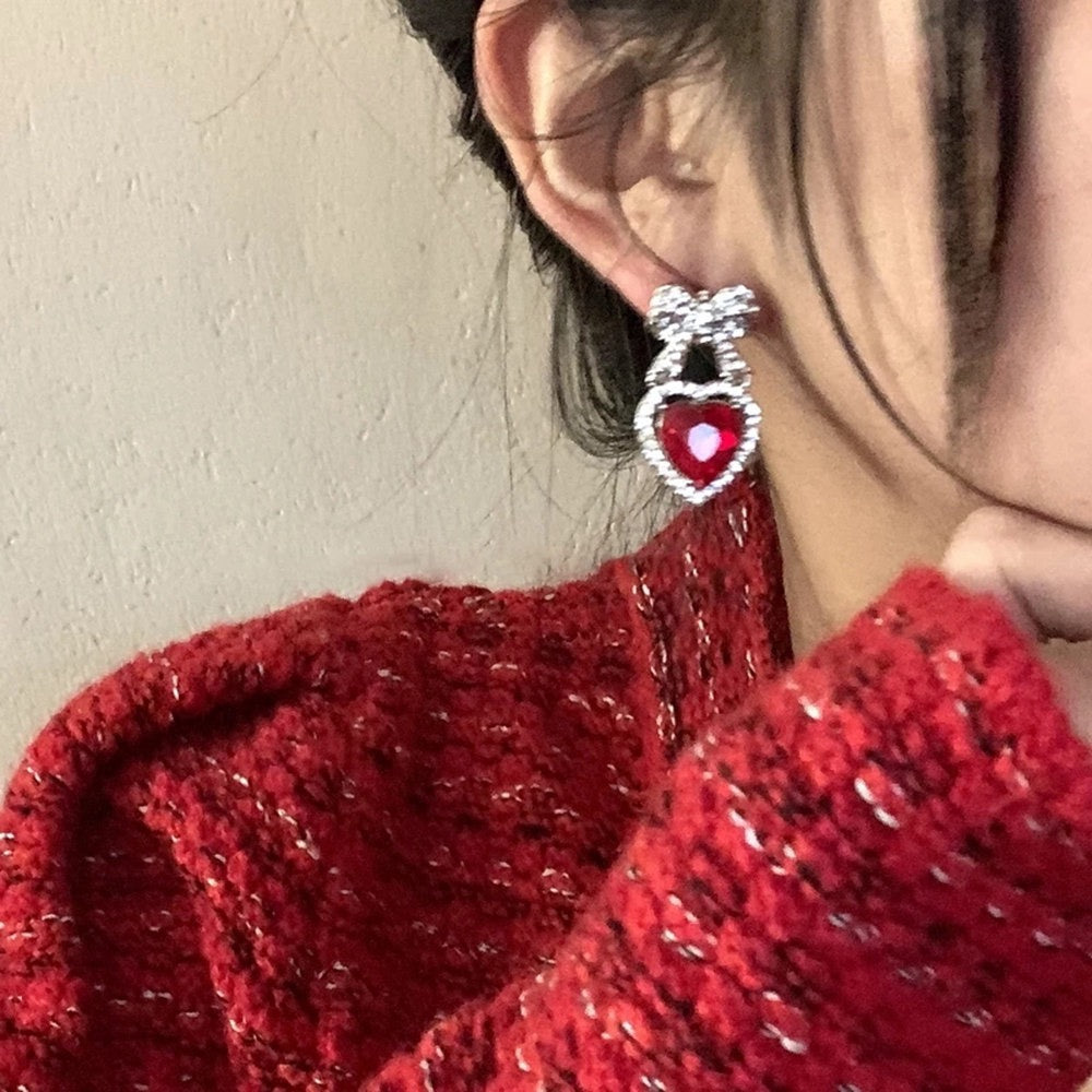 Full diamond bowknot earrings, niche design court style court style heart-shaped earrings