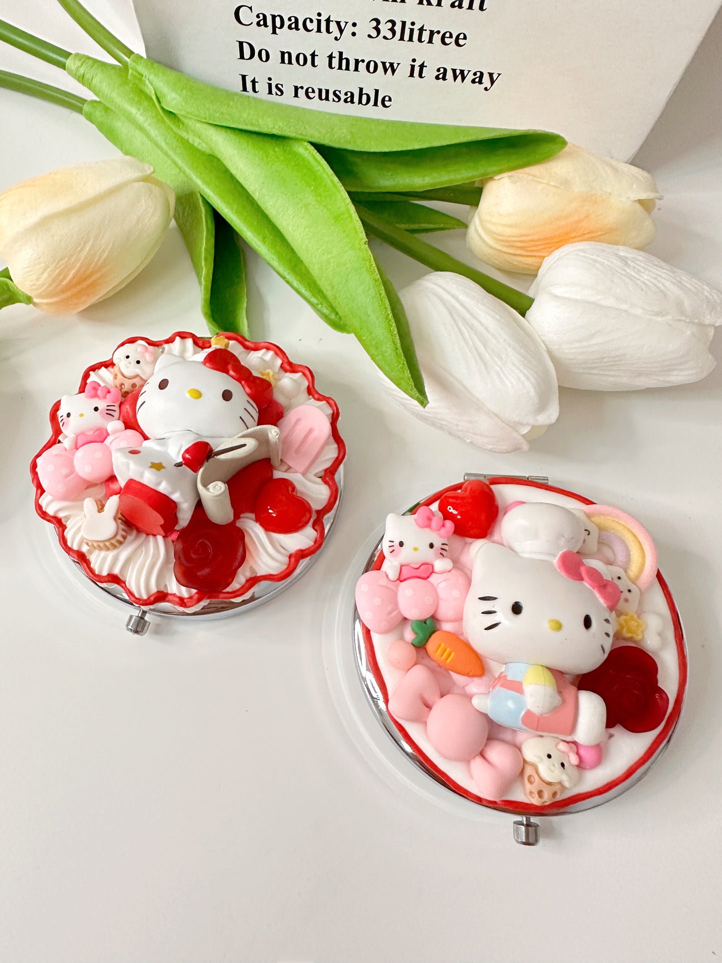 Hello KT Custom Decoden mirror, whipped cream portable mirror,pocket mirror,Fake Cream, Small Cute Mirror, makeup mirror without LACE