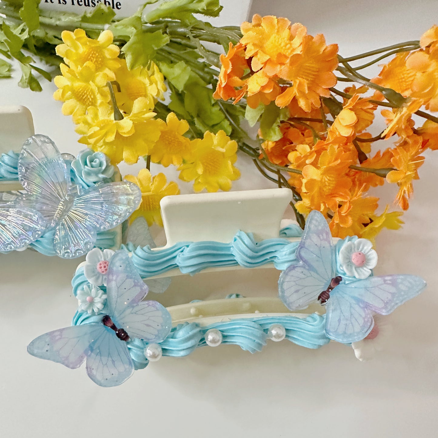 Customized Decoden Hair Claws(Hair Clips)with Pearls and Rhinestones, whipped cream Hair Claws, Women Vintage Resin Hair Claw Large Shark