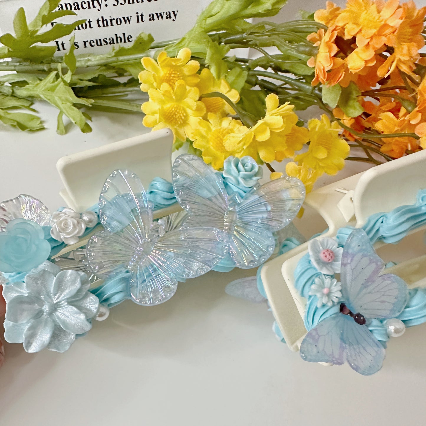 Customized Decoden Hair Claws(Hair Clips)with Pearls and Rhinestones, whipped cream Hair Claws, Women Vintage Resin Hair Claw Large Shark