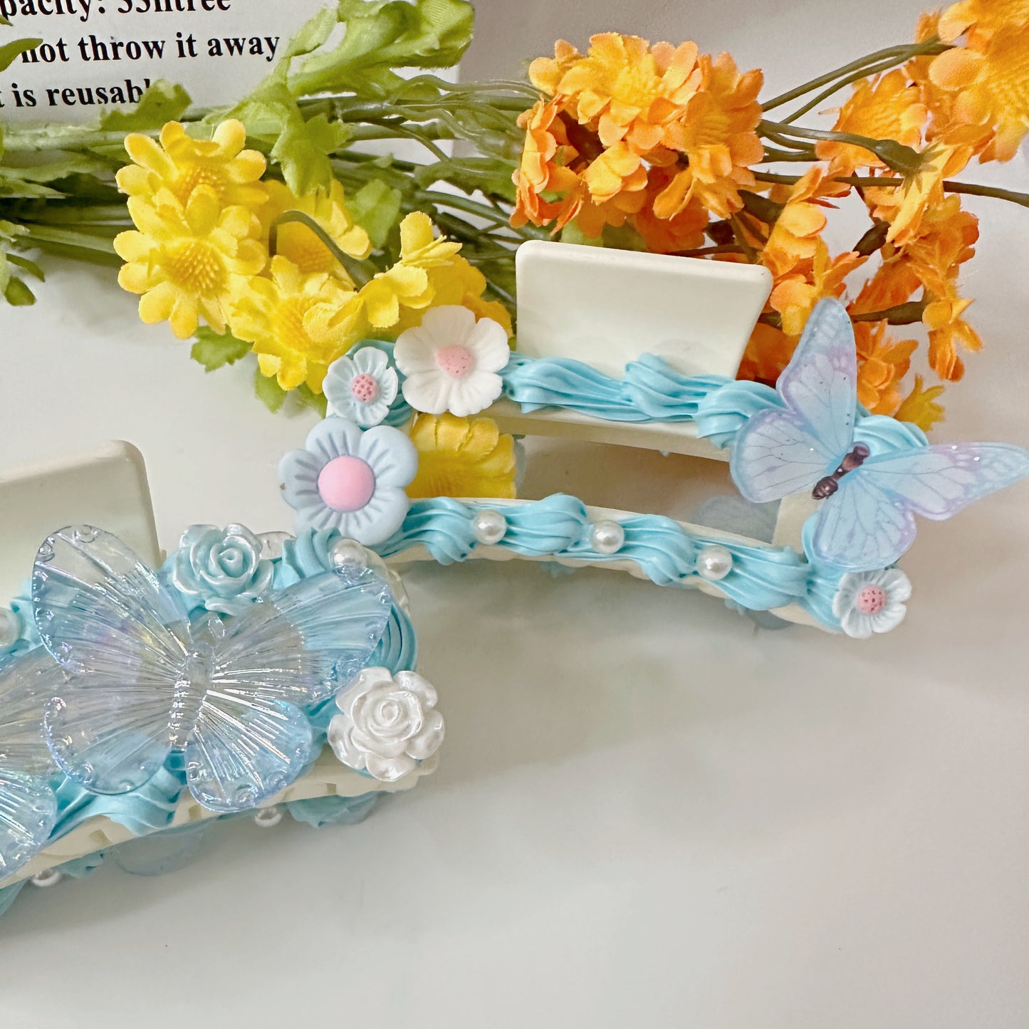 Customized Decoden Hair Claws(Hair Clips)with Pearls and Rhinestones, whipped cream Hair Claws, Women Vintage Resin Hair Claw Large Shark