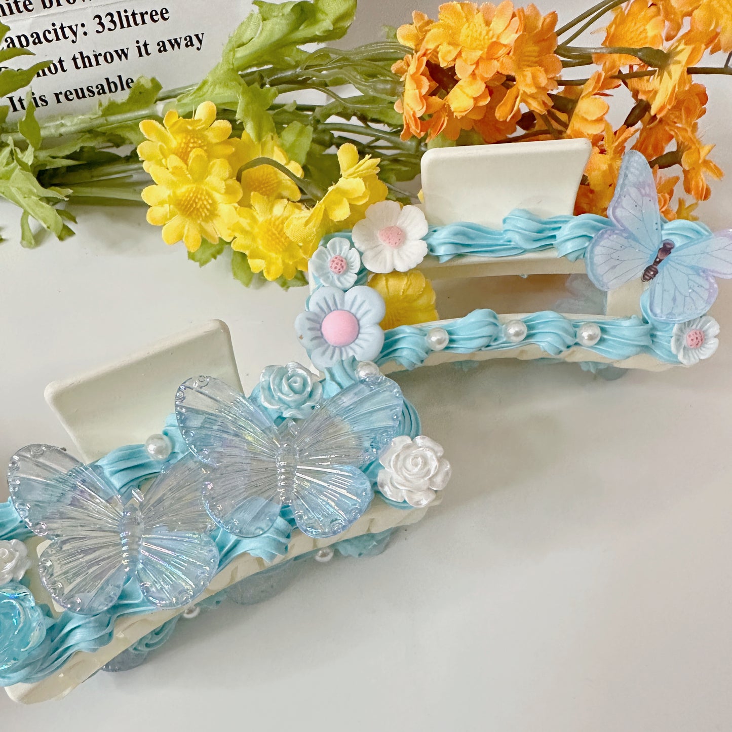 Customized Decoden Hair Claws(Hair Clips)with Pearls and Rhinestones, whipped cream Hair Claws, Women Vintage Resin Hair Claw Large Shark