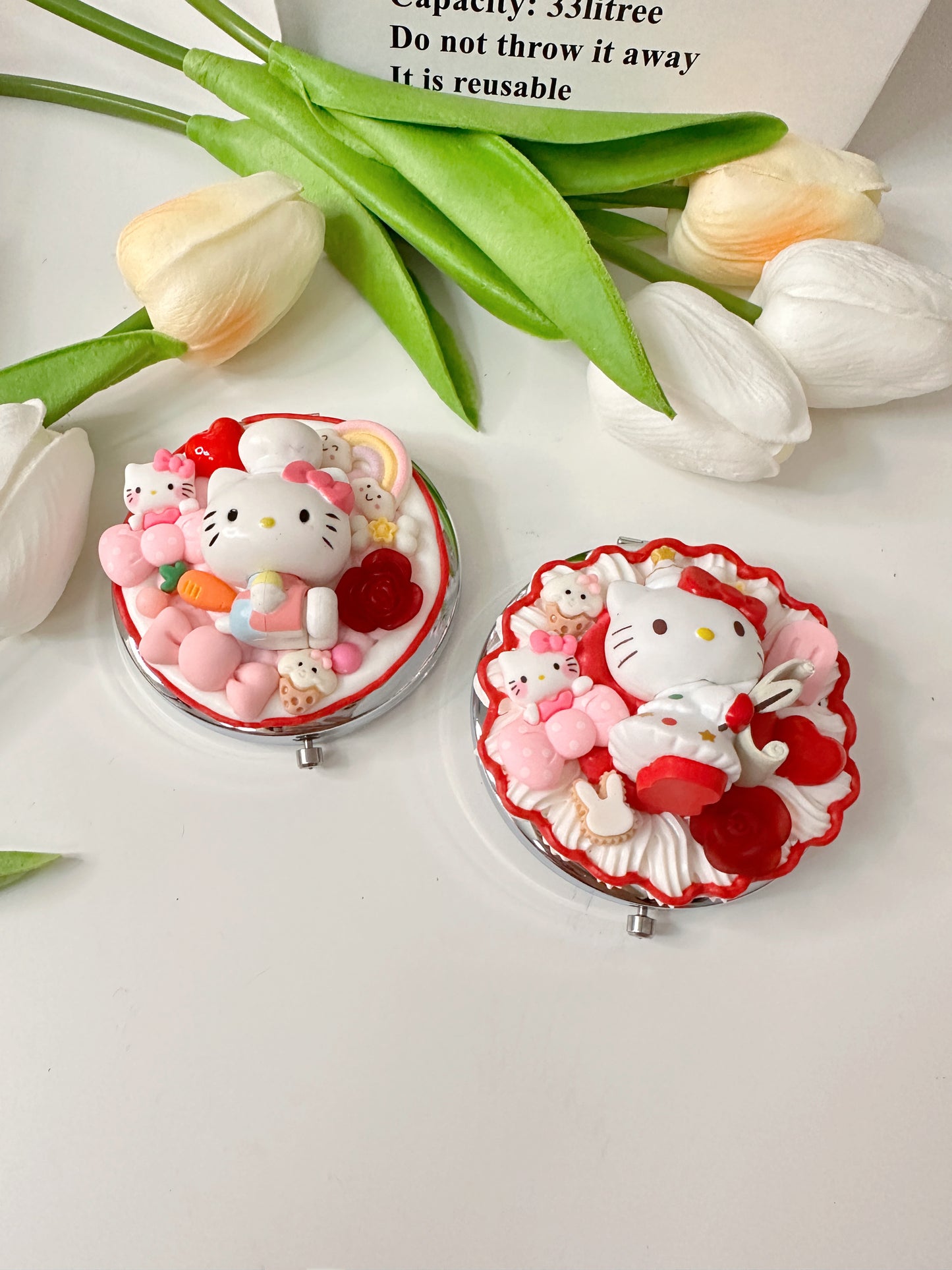 Hello KT Custom Decoden mirror, whipped cream portable mirror,pocket mirror,Fake Cream, Small Cute Mirror, makeup mirror without LACE