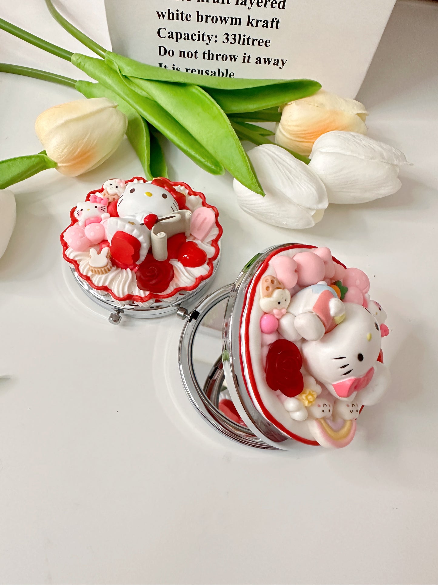 Hello KT Custom Decoden mirror, whipped cream portable mirror,pocket mirror,Fake Cream, Small Cute Mirror, makeup mirror without LACE