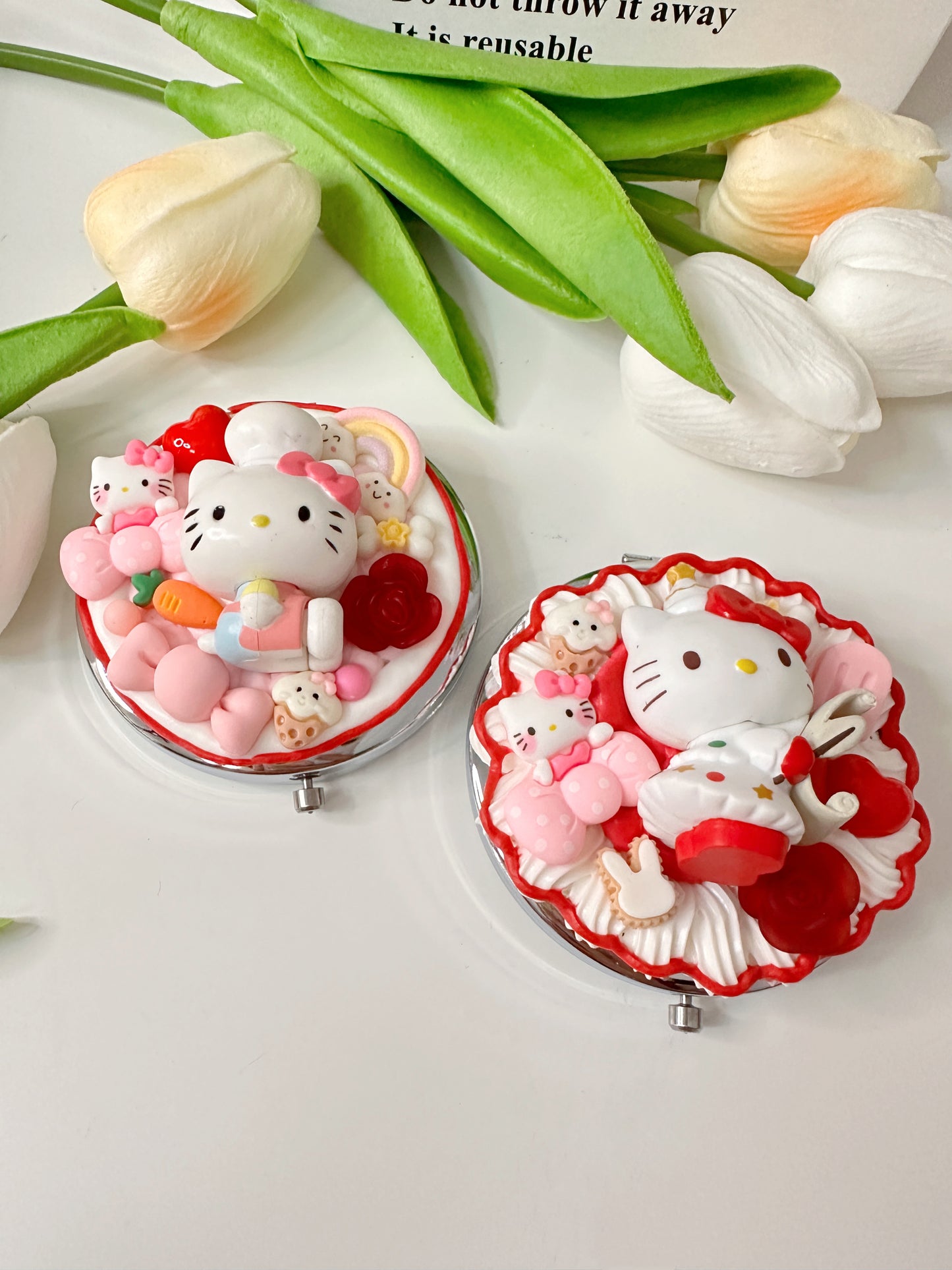 Hello KT Custom Decoden mirror, whipped cream portable mirror,pocket mirror,Fake Cream, Small Cute Mirror, makeup mirror without LACE