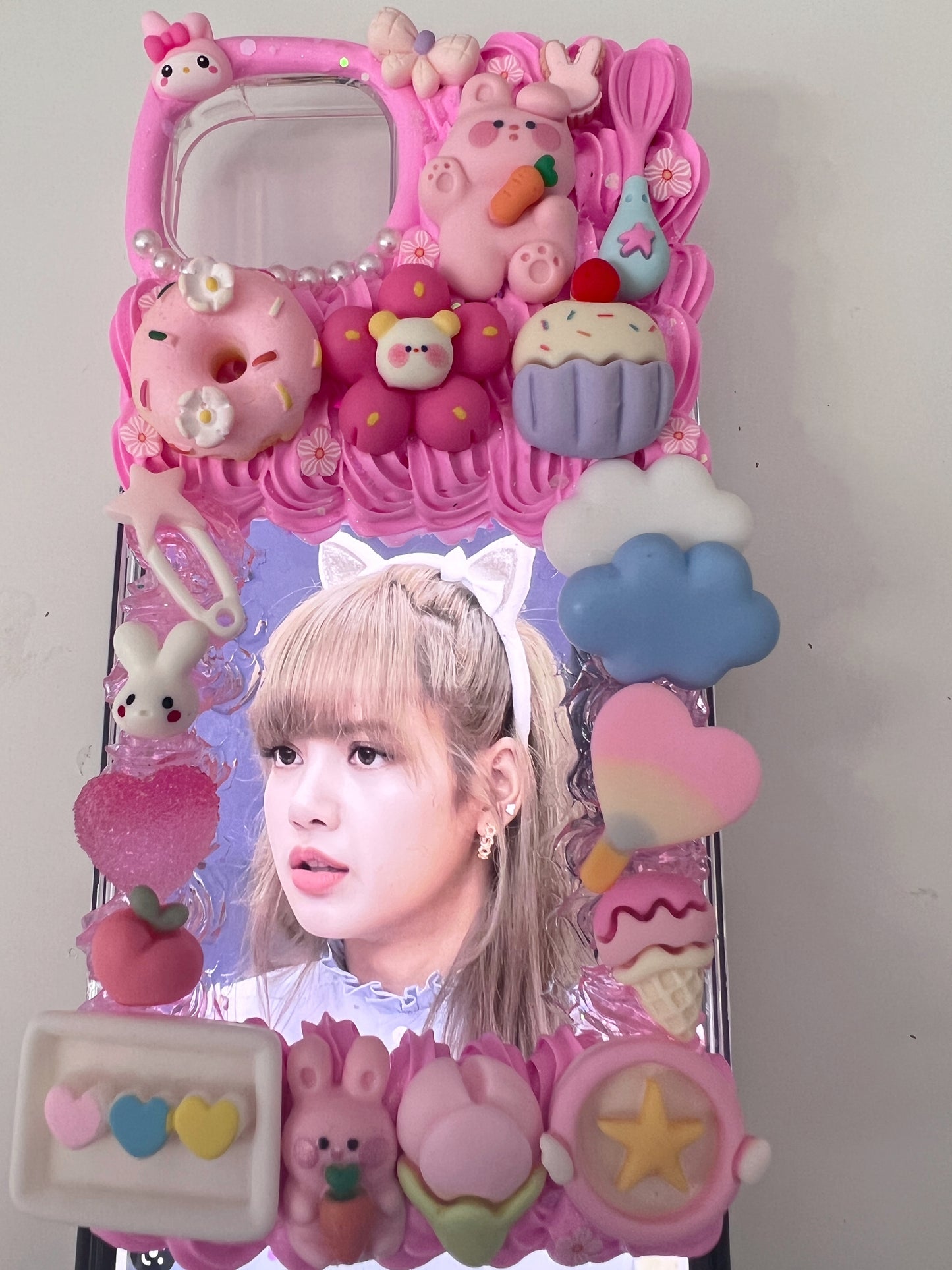 Themed Pink Rabbits Custom Decoden Phone Cases, whipped cream phone cases, Personalized Case, can put photo inside,decoden case,decoden charms,Put your favorite idol's picture