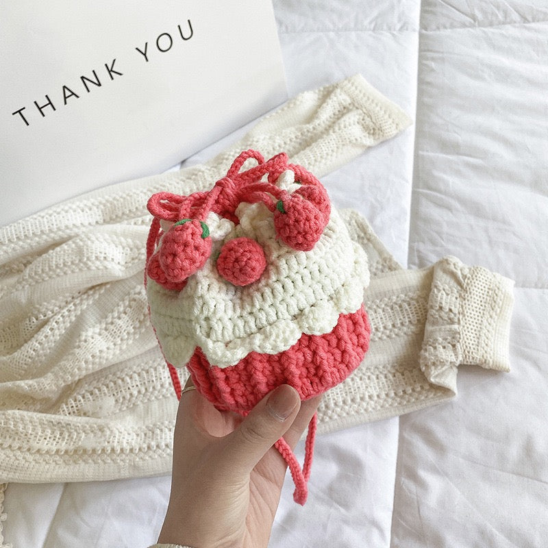 Strawberry Drawstring Bag,Hand-knitted cake bag sweet lady messenger wool coin purse net red beam mouth bag,Handmade Fruit Bag
