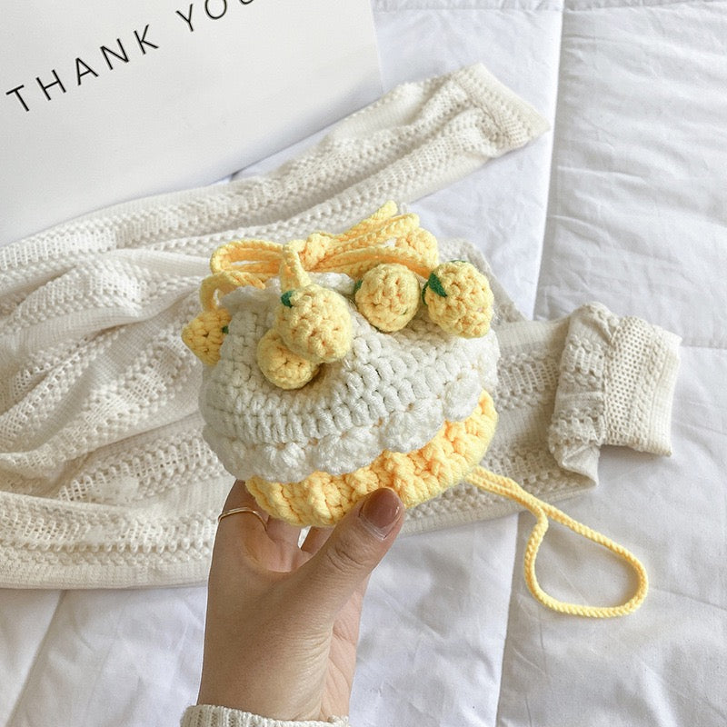Strawberry Drawstring Bag,Hand-knitted cake bag sweet lady messenger wool coin purse net red beam mouth bag,Handmade Fruit Bag
