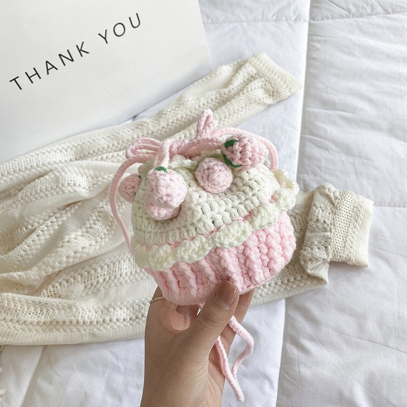 Strawberry Drawstring Bag,Hand-knitted cake bag sweet lady messenger wool coin purse net red beam mouth bag,Handmade Fruit Bag