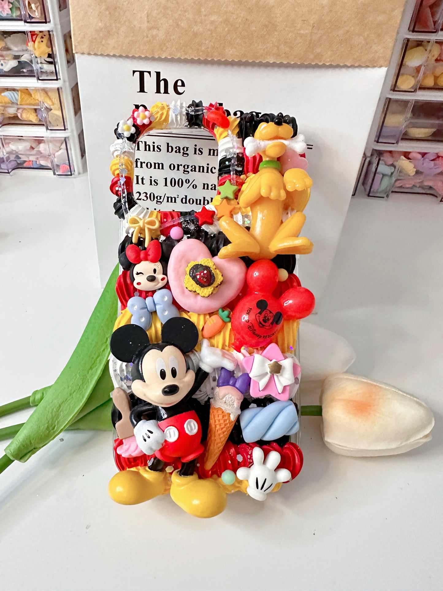 Custom Decoden Phone Case with Whipped Cream Design - Disney Inspired - Pooh Bear and Mickey Mouse - Handmade