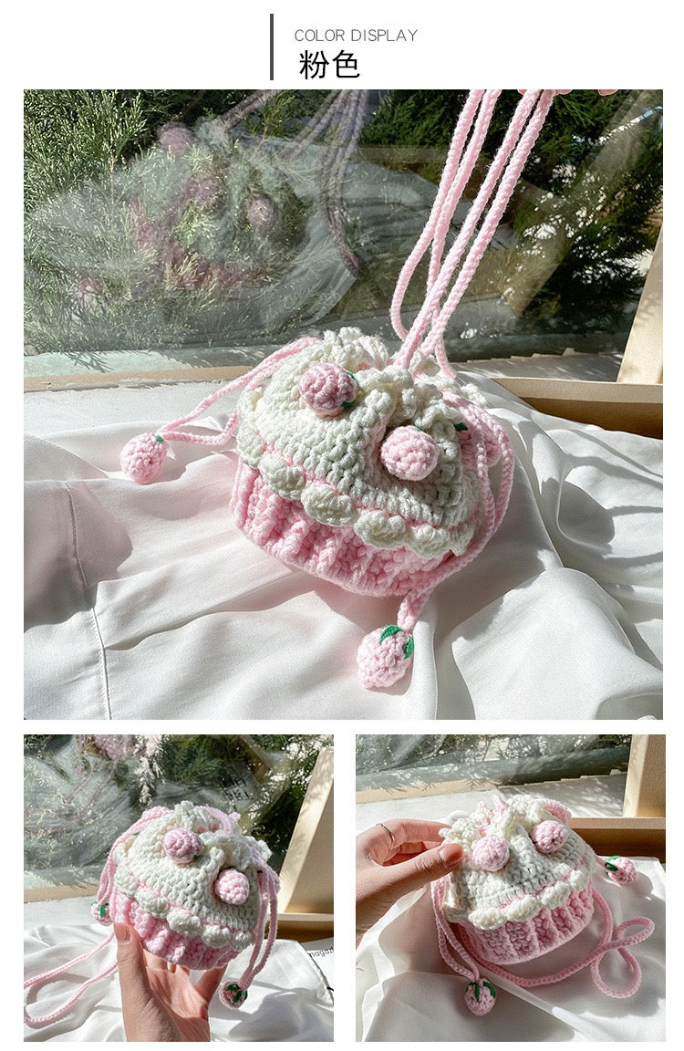 Strawberry Drawstring Bag,Hand-knitted cake bag sweet lady messenger wool coin purse net red beam mouth bag,Handmade Fruit Bag
