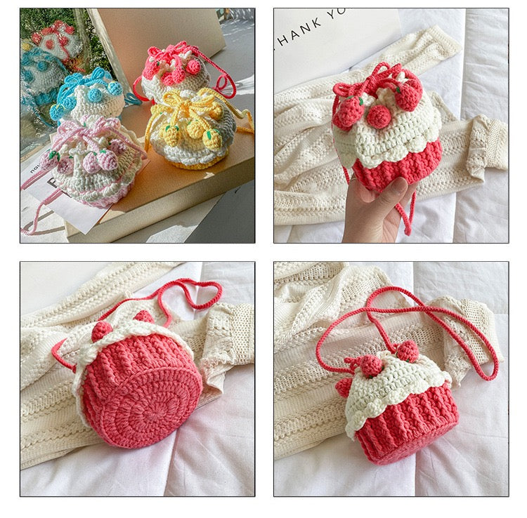 Strawberry Drawstring Bag,Hand-knitted cake bag sweet lady messenger wool coin purse net red beam mouth bag,Handmade Fruit Bag