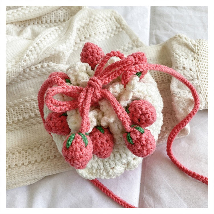 Strawberry Drawstring Bag,Hand-knitted cake bag sweet lady messenger wool coin purse net red beam mouth bag,Handmade Fruit Bag