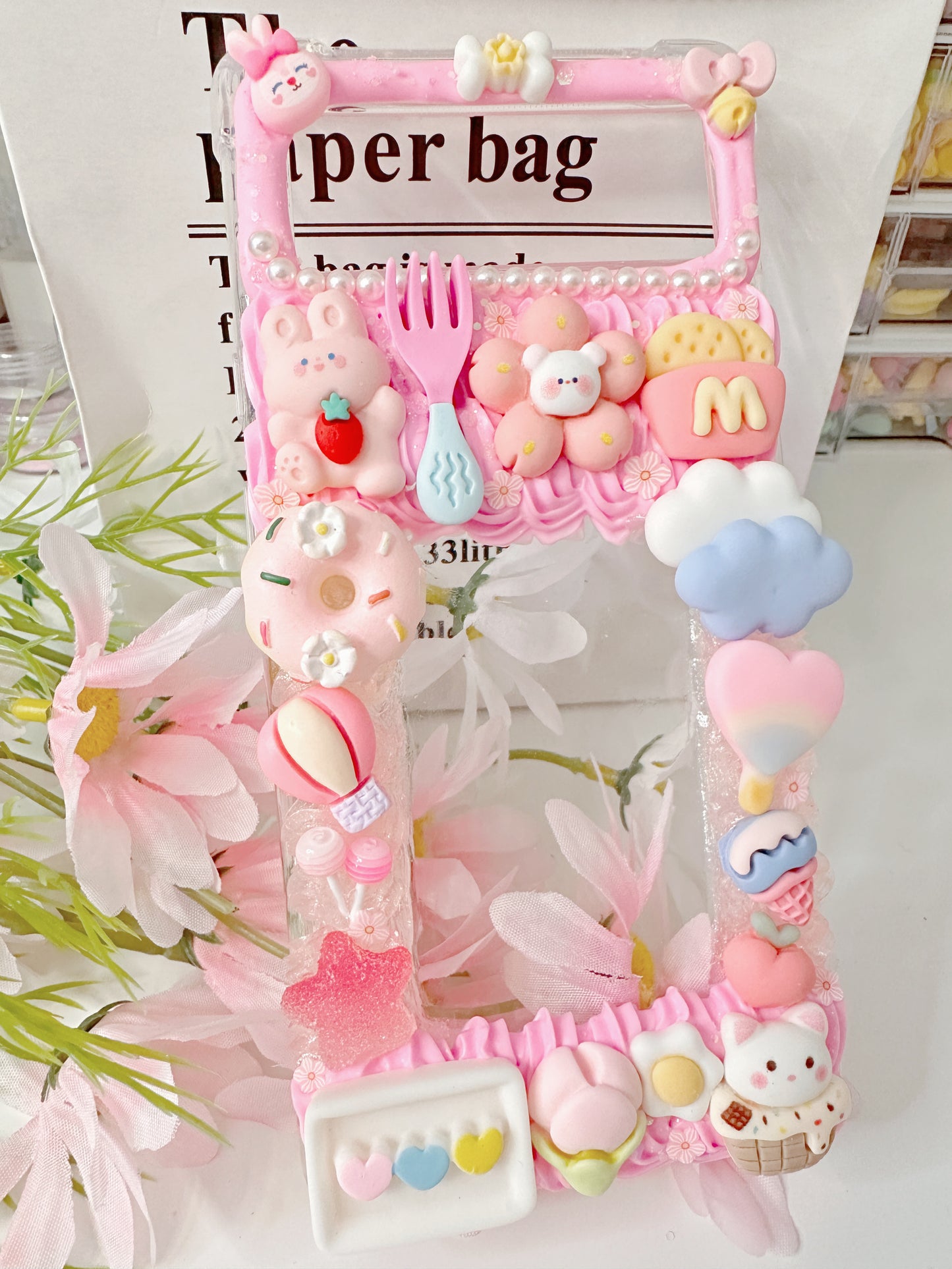 Themed Pink Rabbits Custom Decoden Phone Cases, whipped cream phone cases, Personalized Case, can put photo inside,decoden case,decoden charms,Put your favorite idol's picture