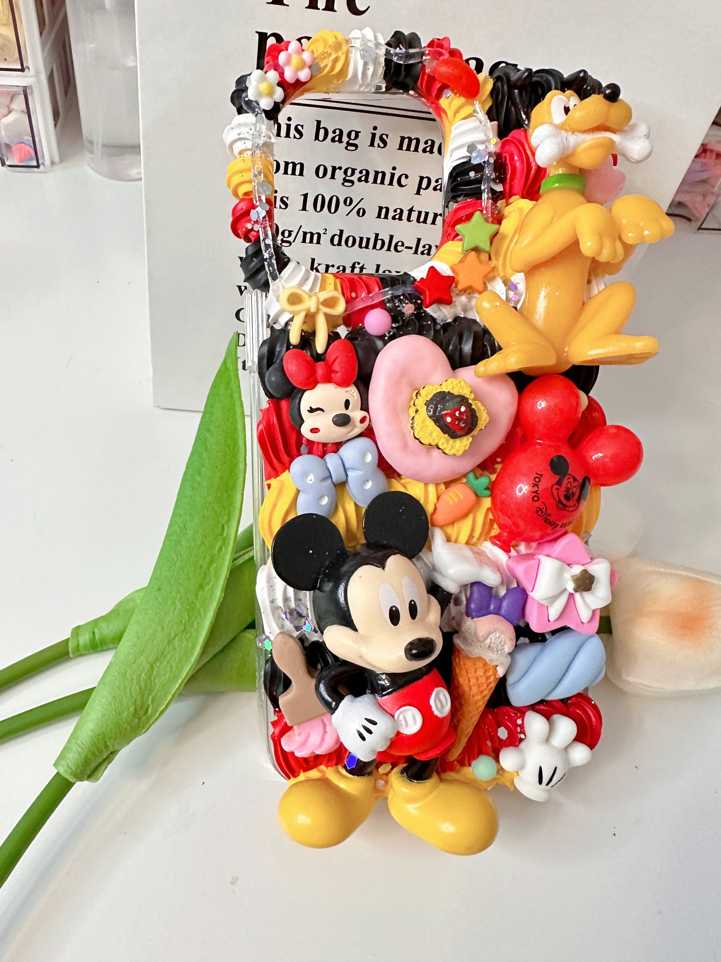 Custom Decoden Phone Case with Whipped Cream Design - Disney Inspired - Pooh Bear and Mickey Mouse - Handmade