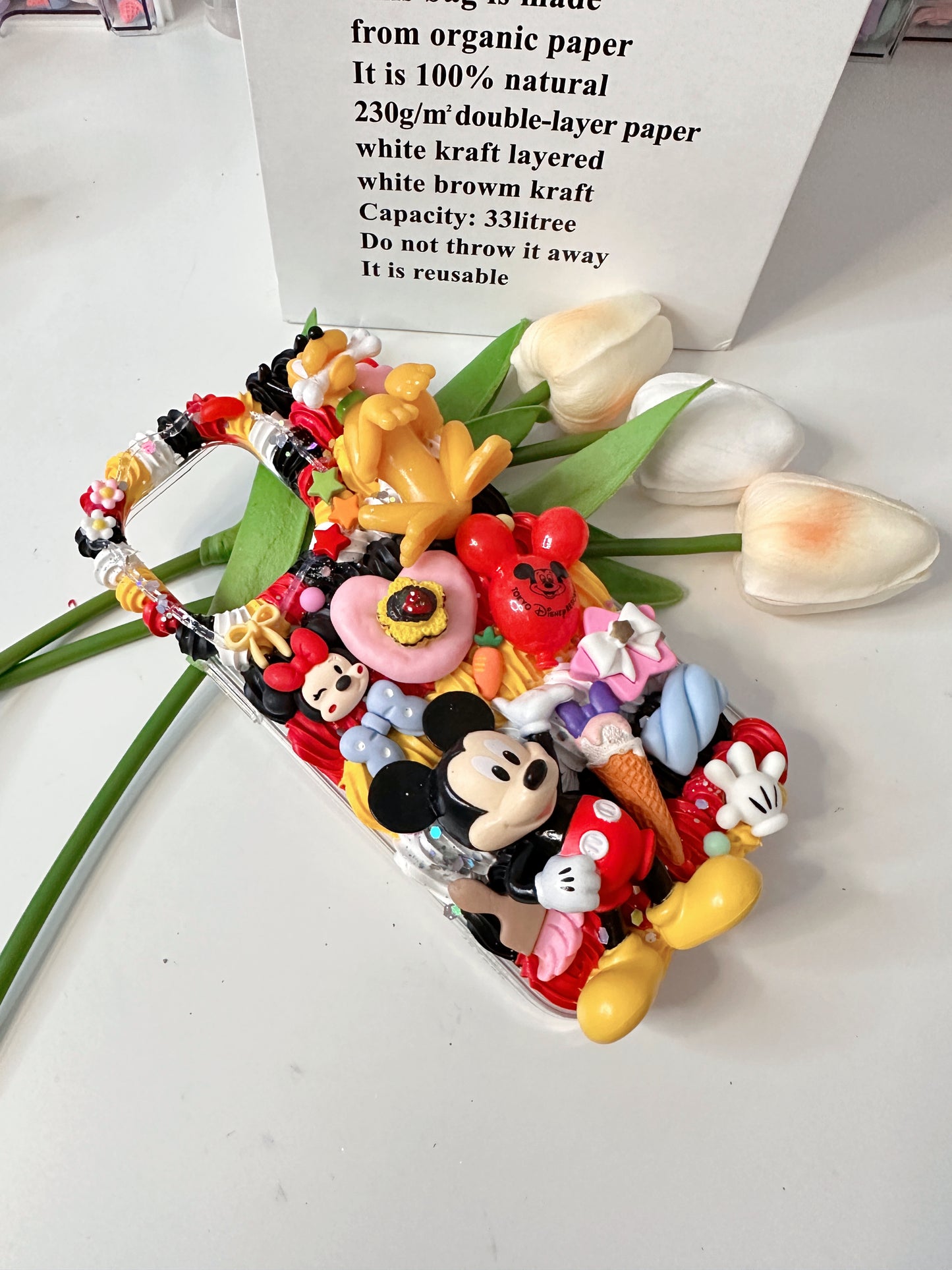 Custom Decoden Phone Case with Whipped Cream Design - Disney Inspired - Pooh Bear and Mickey Mouse - Handmade
