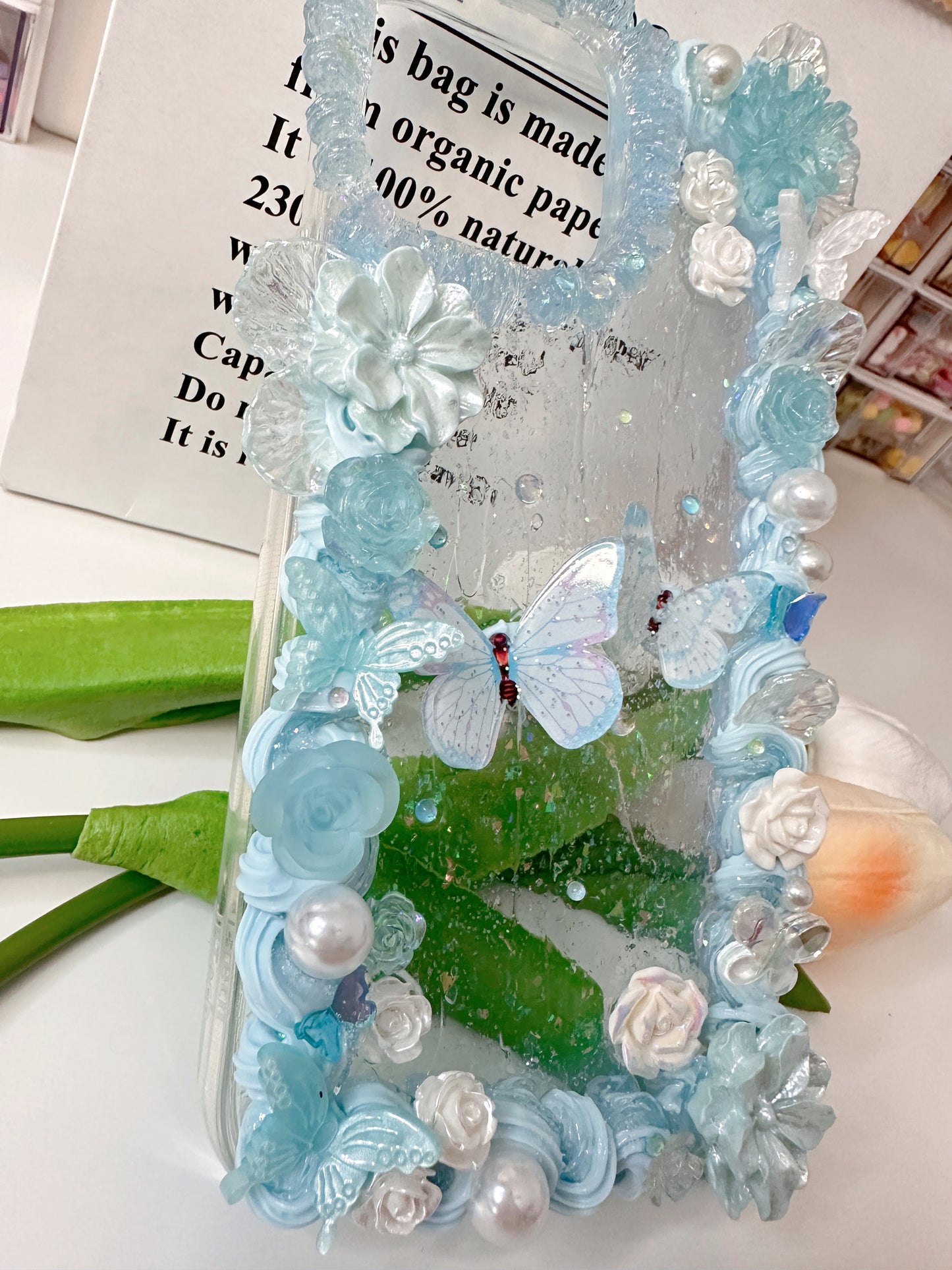 Butterfly Custom Decoden phone case, whipped cream phone case, golden flowers angle case Simple style, flower butterfly