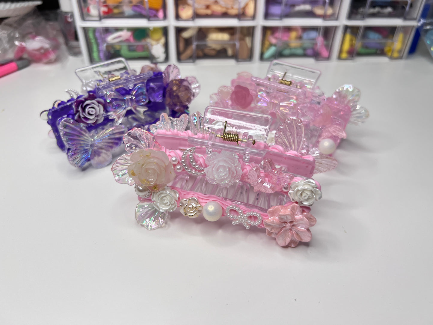 Custom Decoden Hair Claws(Hair Clips)with Pearls and Rhinestones, whipped cream Hair Claws, Women Vintage Resin Hair Claw Large Shark