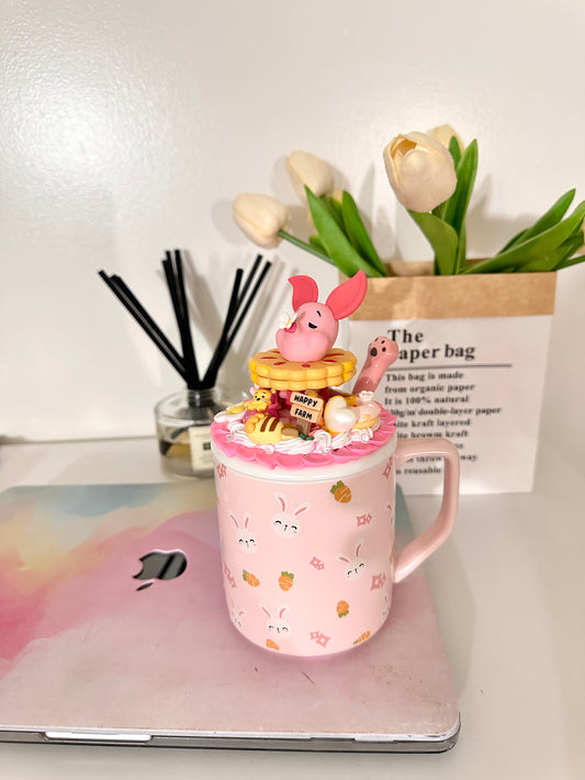 fifishandmade customized handmade Cute Ceramic Cup With Lid And Spoon, Kawaii Cup Novelty Mug, Coffee Cup, Tea Cup, Milk Cup, Mug Gift Pink 450ml/15oz