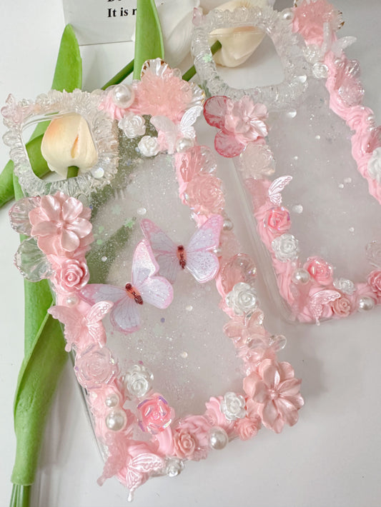 Butterfly Custom Decoden phone case, whipped cream phone case, golden flowers angle case Simple style, flower butterfly