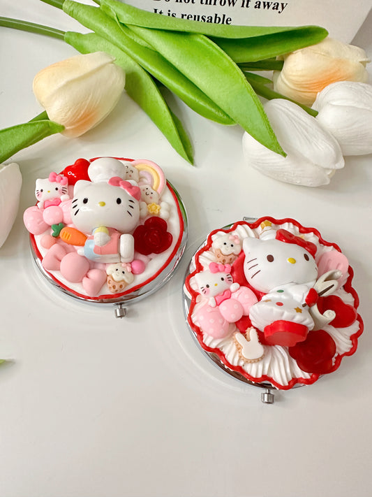 Hello KT Custom Decoden mirror, whipped cream portable mirror,pocket mirror,Fake Cream, Small Cute Mirror, makeup mirror without LACE