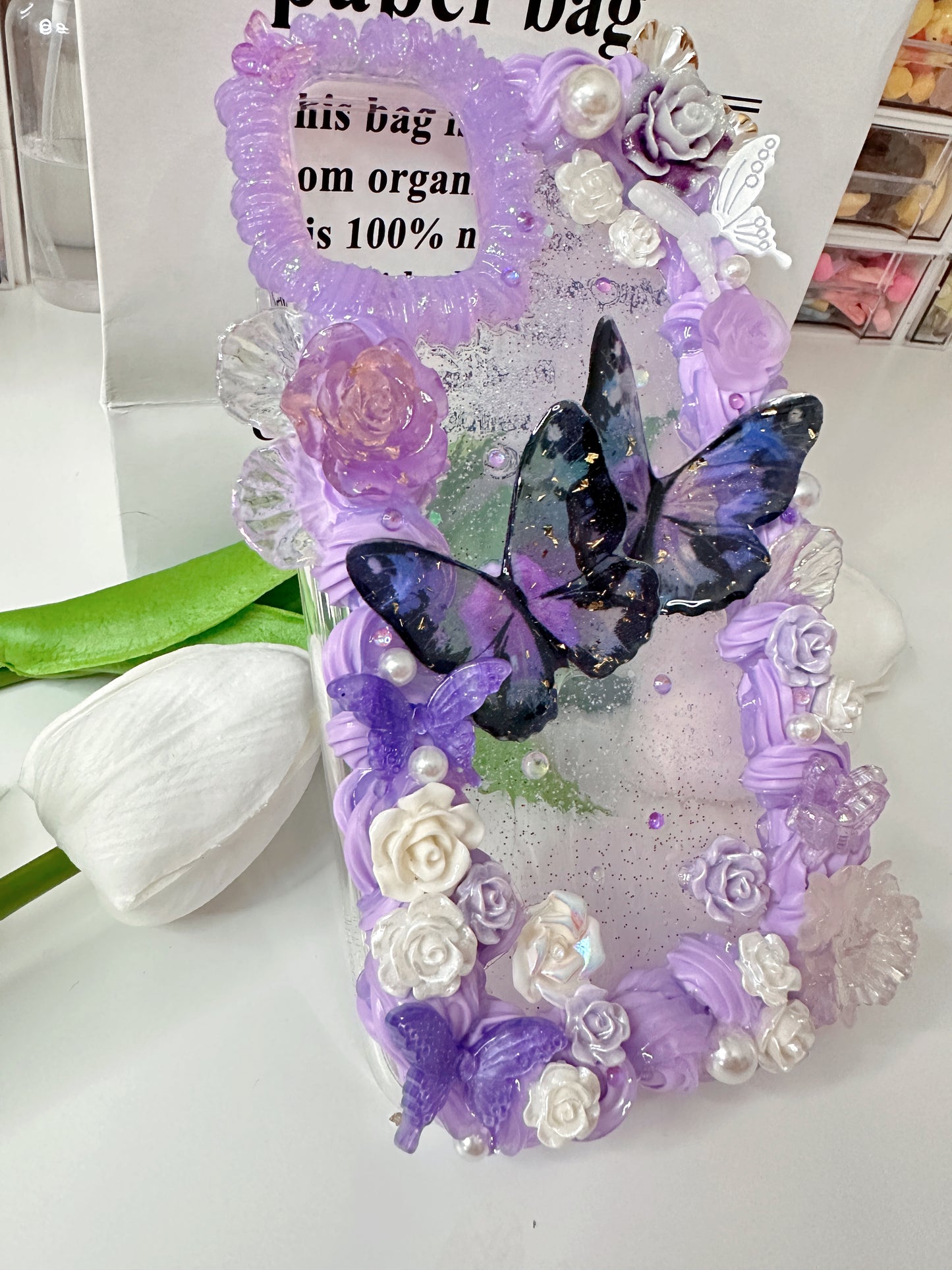 Personalize Decoden phone cover, whipped cream phone case, golden flowers angle case Simple style, flower butterfly, wedding gift