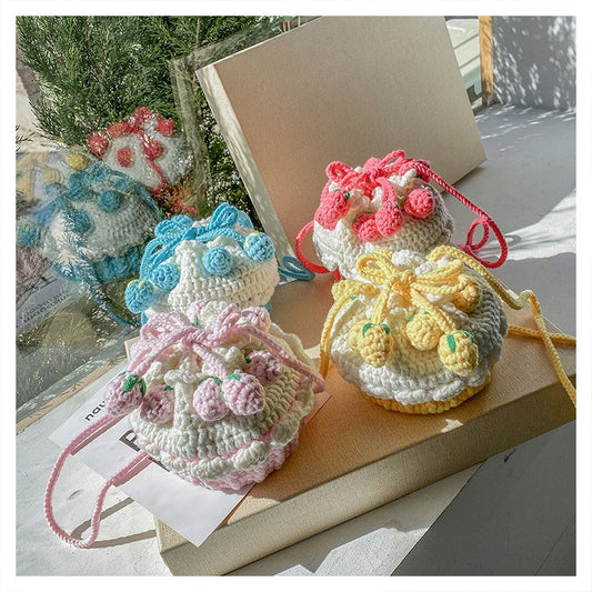 Strawberry Drawstring Bag,Hand-knitted cake bag sweet lady messenger wool coin purse net red beam mouth bag,Handmade Fruit Bag
