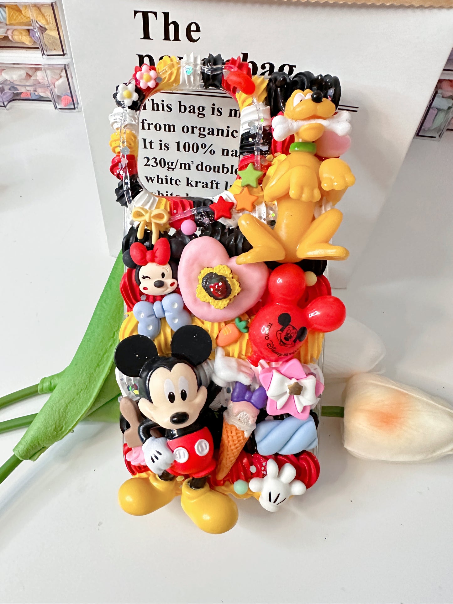 Custom Decoden Phone Case with Whipped Cream Design - Disney Inspired - Pooh Bear and Mickey Mouse - Handmade