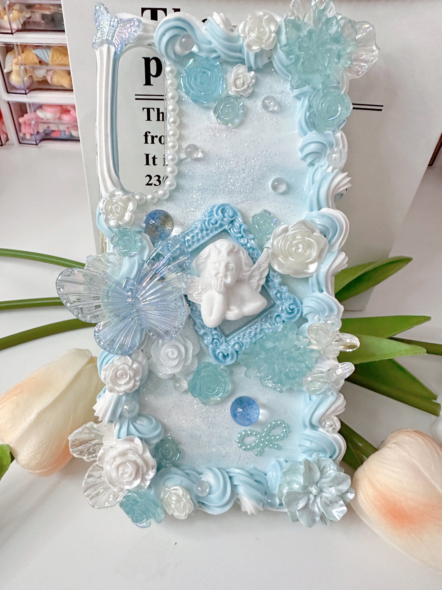 Whipped Cream Custom Decoden Phone Case Personalized Phone Cover, blue flowers case Simple style, Butterfly,custommade case for wedding gift