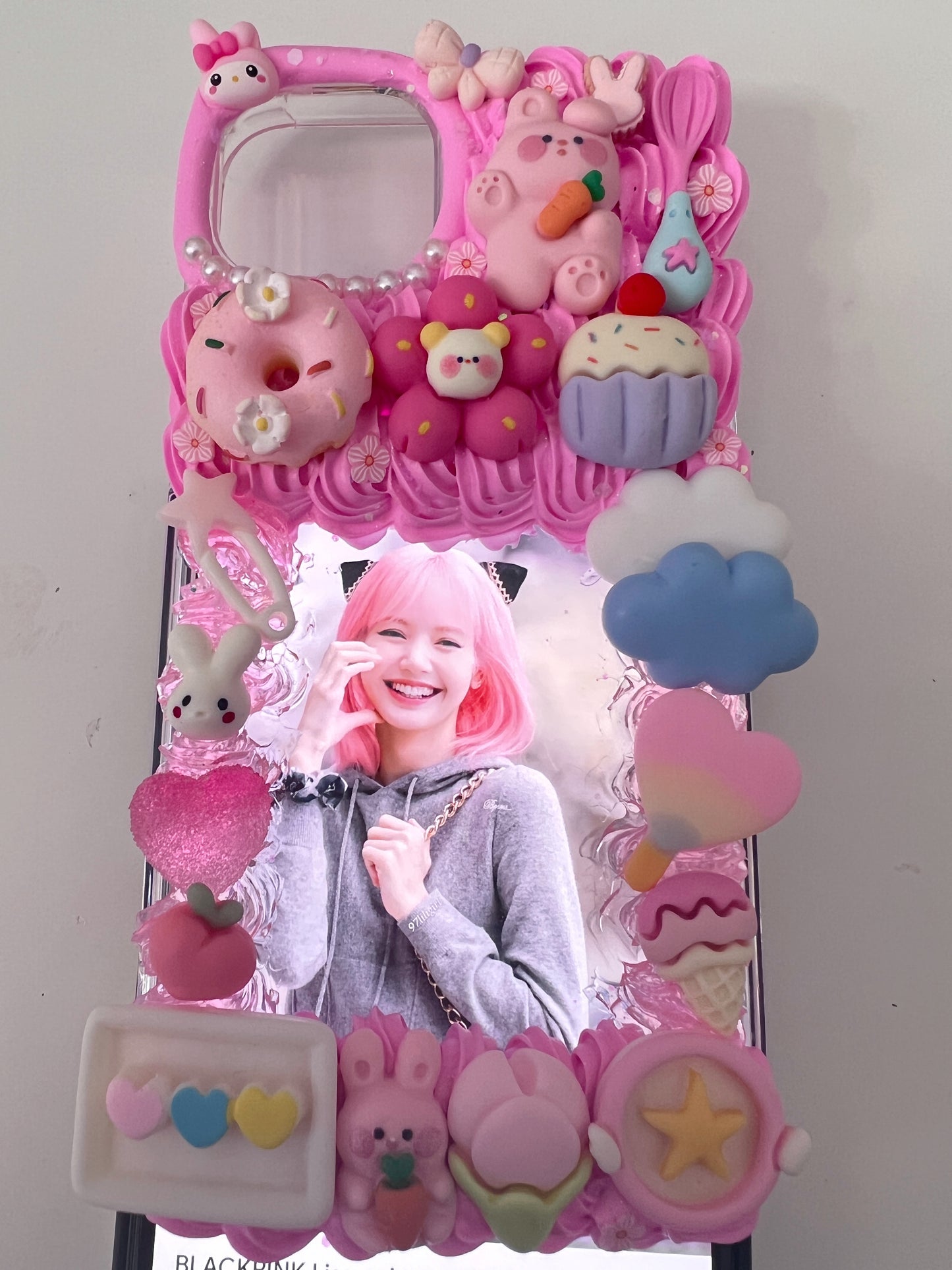Themed Pink Rabbits Custom Decoden Phone Cases, whipped cream phone cases, Personalized Case, can put photo inside,decoden case,decoden charms,Put your favorite idol's picture
